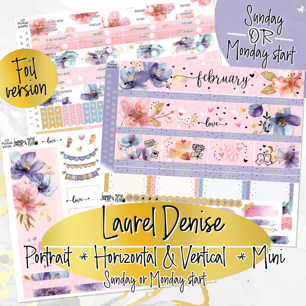 February Floral Romance FOIL - Laurel Denise Planner stickers - Portrait, Mini, Vertical, Horizontal & Project