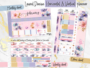 February Floral Romance - Laurel Denise Planner stickers - Portrait, Mini, Vertical, Horizontal & Project