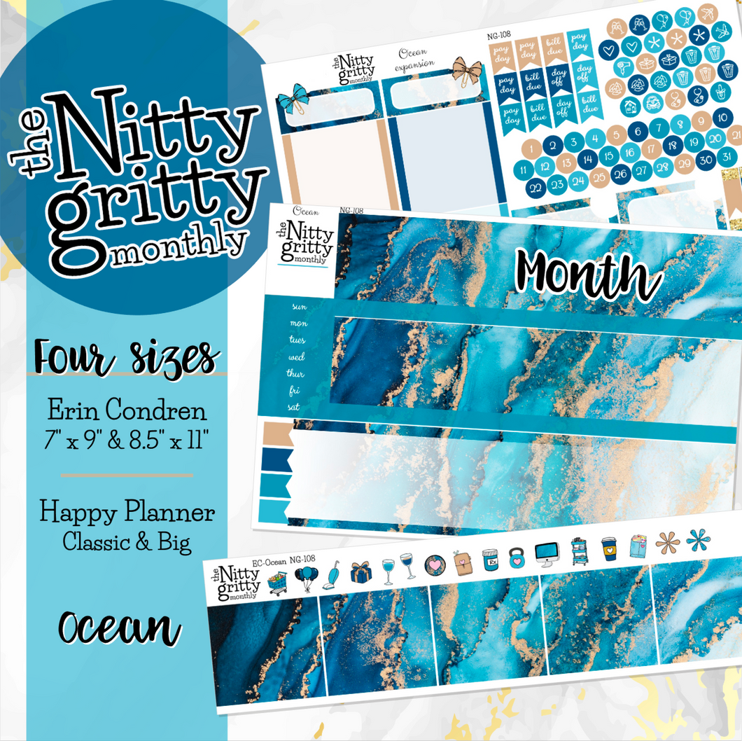 OCEAN - The Nitty Gritty Monthly-Any Month-Erin Condren 7x9 8.5x11 Happy Planner Classic & Big