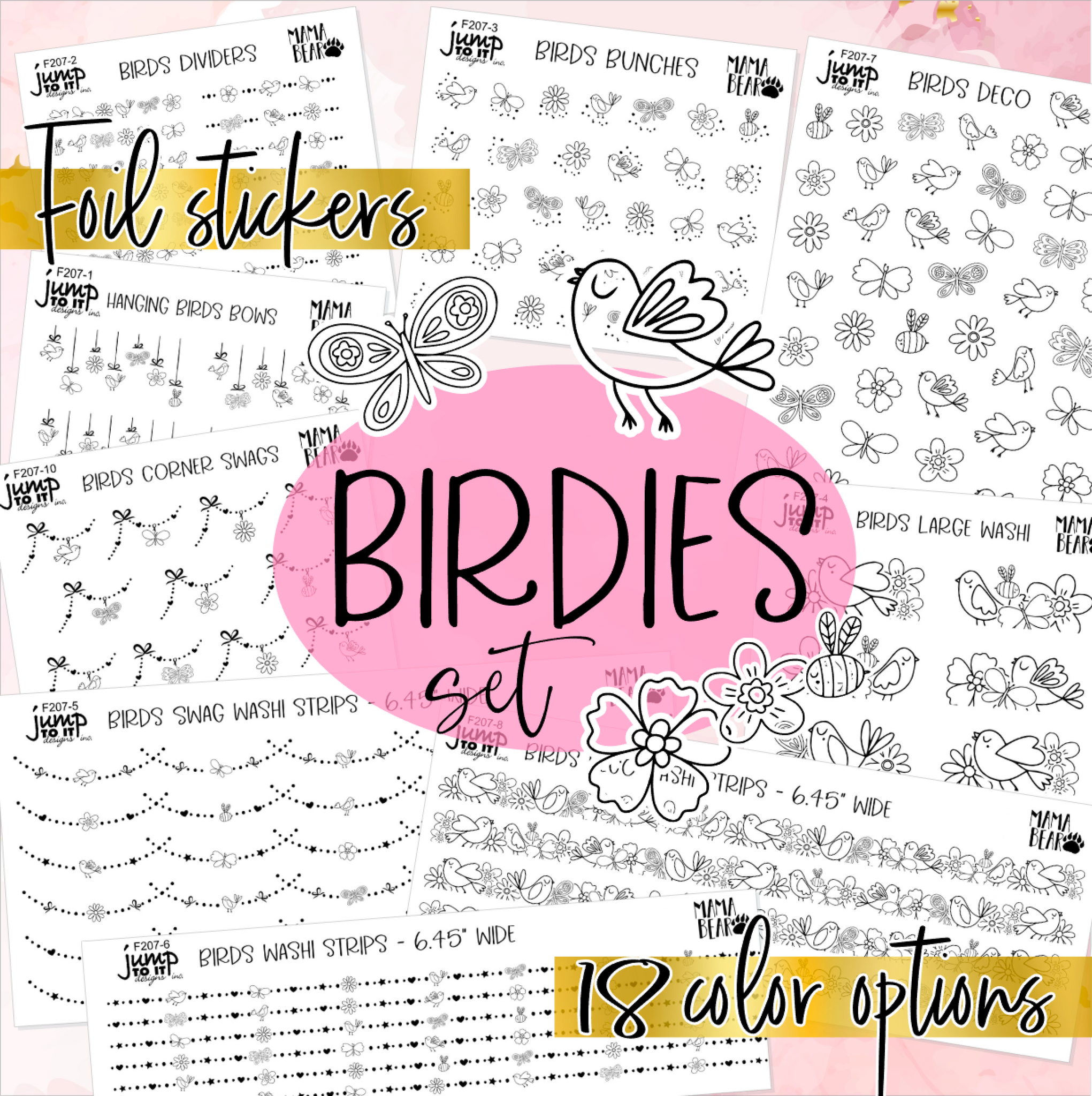 Foil Theme Collection • BIRDIES • Washi, Swags, Tabs, Deco (F-207